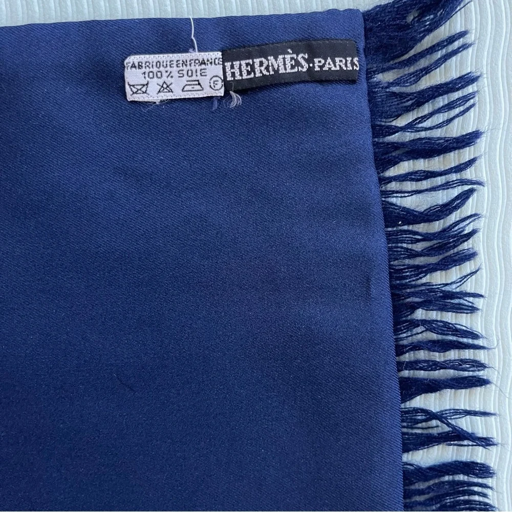 Hermes Paris Silk/Wool/Cashmere Navy Blue Jacquard Scarf
